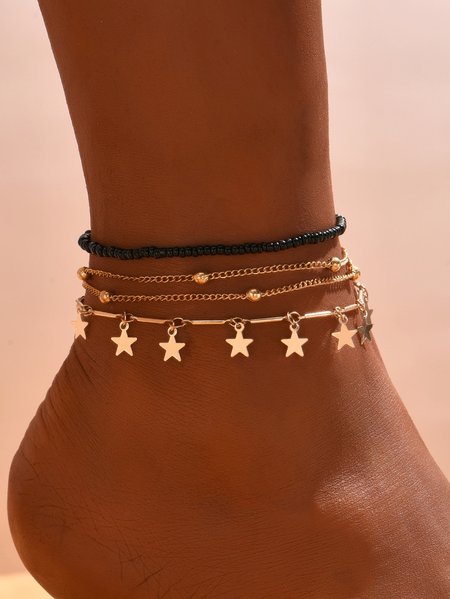 

3pcs Boho Gold Star Multilayer Anklet Beach Holiday Women Jewelry, As picture, Anklets