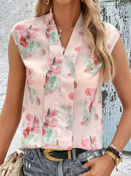 

V Neck Vacation Floral Shirt, Pink, Shirts & Blouses
