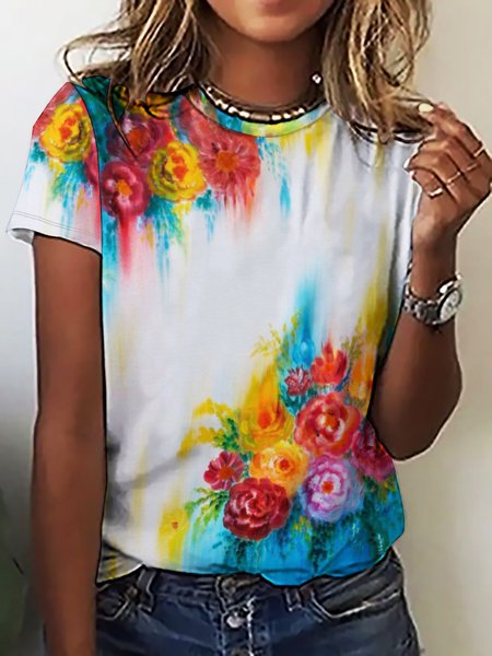

Women's Color Block Floral Crew Neck Simple T-Shirt, Blue, T-shirts