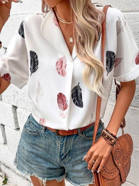 

Loose Vacation Shirt Collar Color Block Feather Print Shawl Collar Shirt, White, Shirts & Blouses
