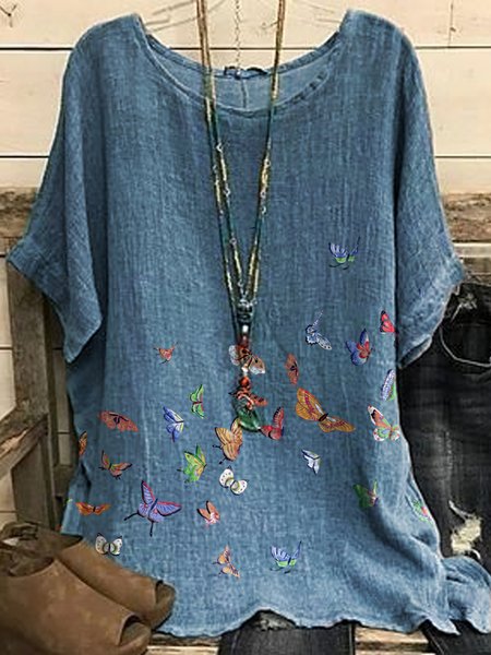 

Women Casual Butterfly Print Crew Neck Loose Short Sleeve Tunic Top, Blue, Tunics