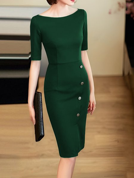 

Plain Elegant Regular Fit Boat Neck Dress, Green, Midi Dresses