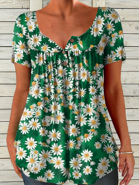 

Women's Spring Flower Print Casual T-Shirt, Green, T-shirts