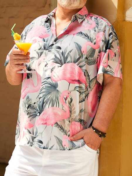 

Big Size Flamingo Chest Pocket Short Sleeve Hawaiian Shirt, Gray, Men Shirts