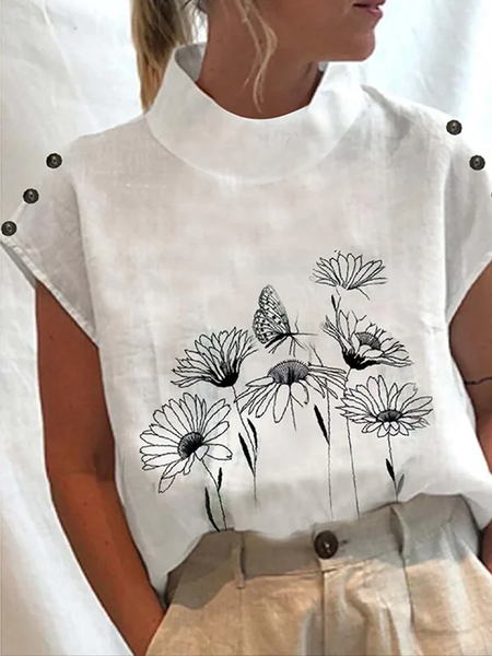 

Stand Collar Floral Linen Buttoned Shirt, White, Shirts & Blouses