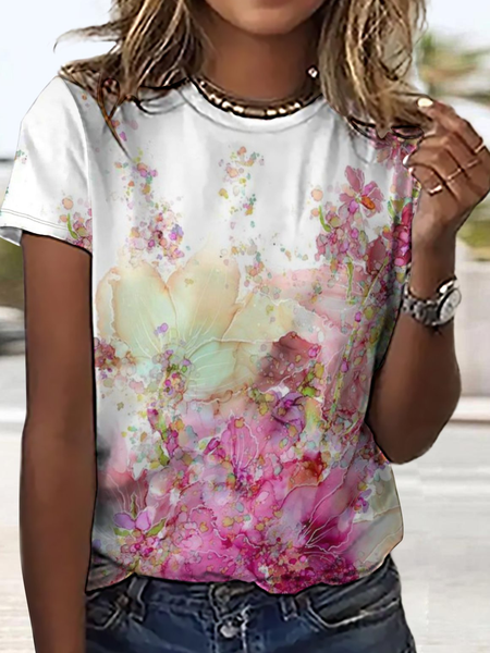 

Women's Floral Color Block Crew Neck Simple T-Shirt, Pink, T-shirts