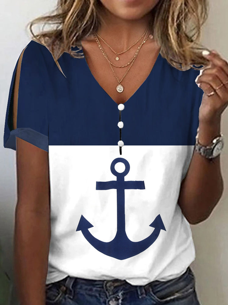 

Buckle Loose Anchor V Neck Casual T-Shirt, Dark blue, T-Shirts
