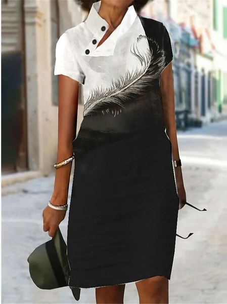 

Casual Loose Asymmetrical Feather Pattern Dress, Black-white, Dresses