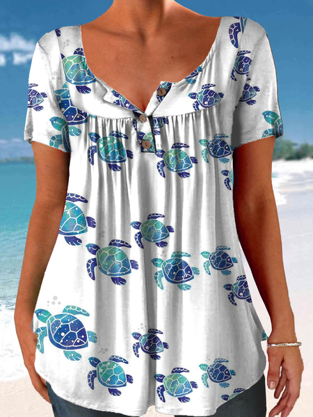 

Women's Sea Turtle Print Casual Letters Crew Neck T-Shirt, White, T-shirts