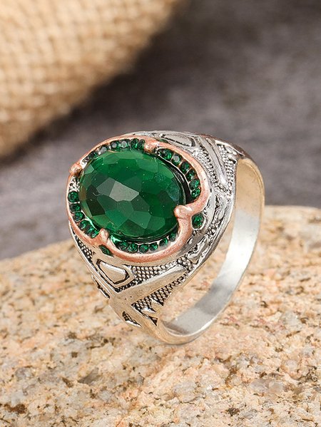 

Retro Green Crystal Stone Ethnic Embossed Pattern Ring Casual Vacation Women's Jewelry, As picture, Rings