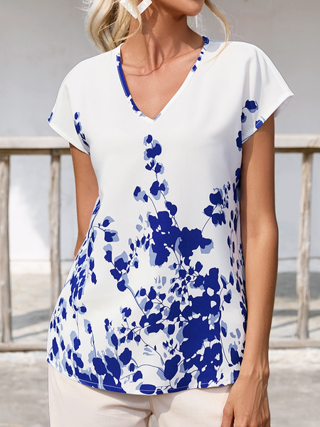 

V Neck Casual Floral Loose T-Shirt, Blue, T-Shirts