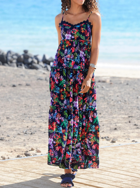 

Spaghetti Floral Vacation Loose Summer Dress, Dark blue, Dresses