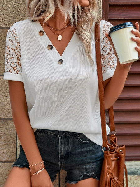 

Plain Vacation Loose Contrast Lace Button Detail T-Shirt, White, T-Shirts