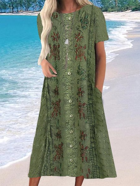 

Vintage Loose Floral Dress, Green, Dresses