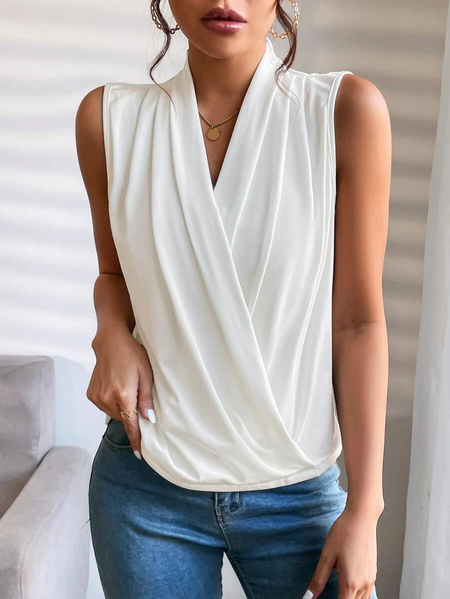 

Loose Plain V Neck Casual Solid Surplice Neck Shirt, White, Tanks & Camis