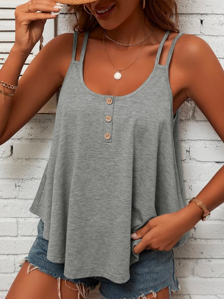 

Spaghetti Loose Casual Button Detail Tank Top, Gray, Tanks & Camis