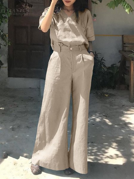 

Casual V Neck Loose Cotton Two-Piece Set, Khaki, Tops