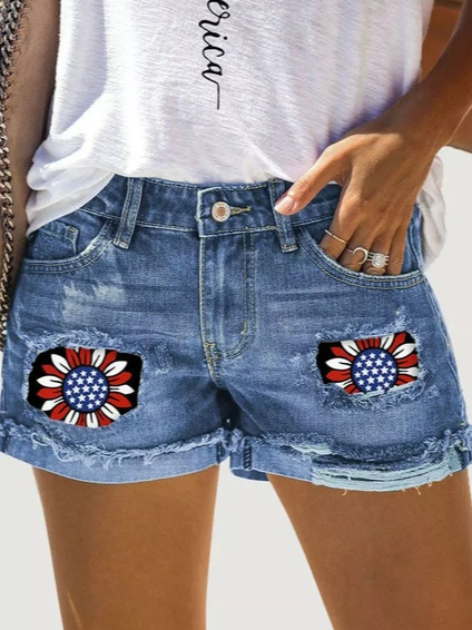 

Loose Floral Denim Casual Denim Shorts, Blue, Shorts