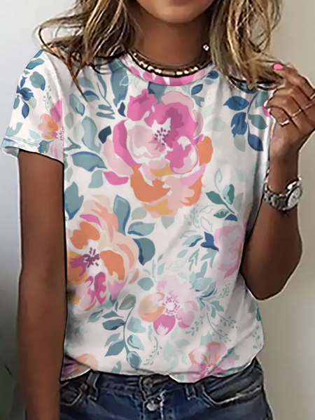 

Women‘s Crew Neck Simple Pink Floral Loose T-Shirt, T-shirts