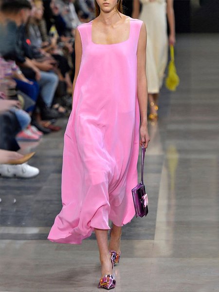 

Square Neck Elegant Plain Midi Dress, Pink, Midi Dresses