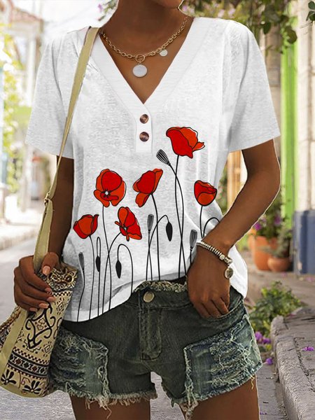 

V Neck Casual Floral Memorial Day Loose T-Shirt, White, T-Shirts