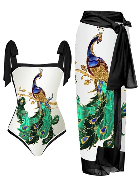 

Animal Vacation Square Neck One Piece With Cover Up, Green, One-Pieces