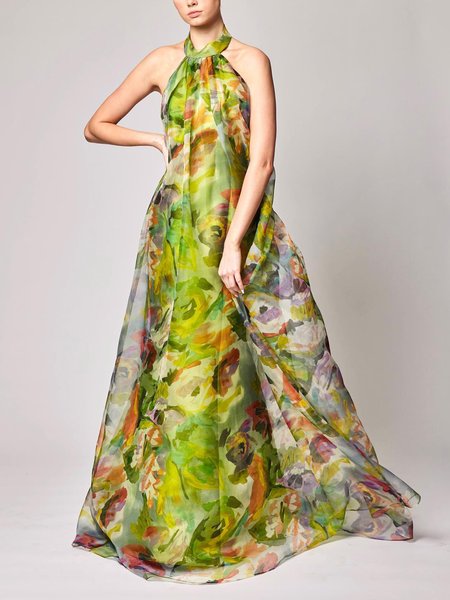 

Halter Vacation Floral Sleeveless Maxi Dress, Green, Maxi Dresses