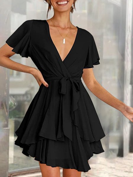 

Plain Vacation Women's Dress Deep V-Neck Long Sleeve Waist Tie Ruffle Mini Swing Skater Dress, Black, Dresses