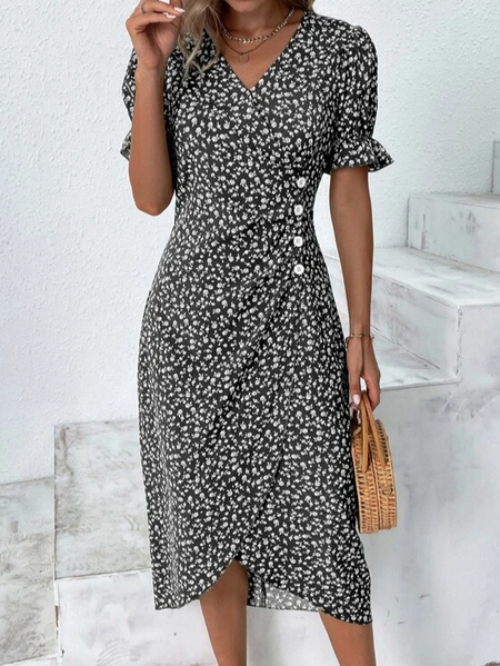 

Vacation Floral V Neck Dress, Black, Dresses