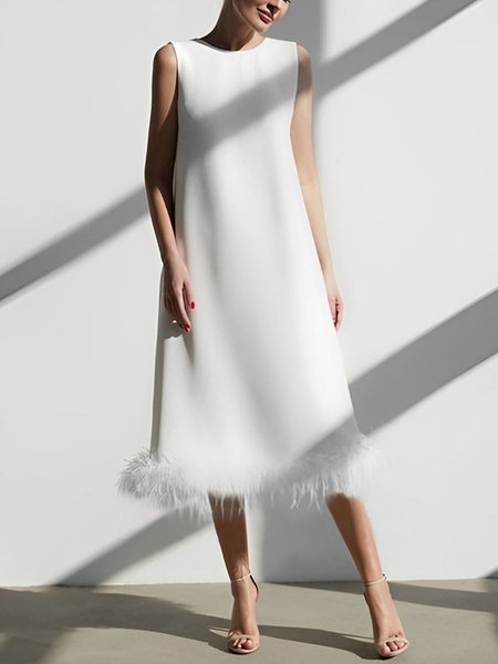 

Crew Neck Regular Fit Elegant Dress, White, Midi Dresses