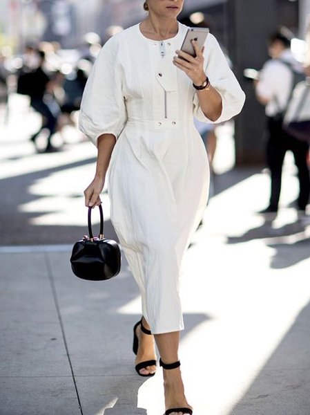 

Casual Plain Crew Neck Short sleeve Dress, White, Midi Dresses