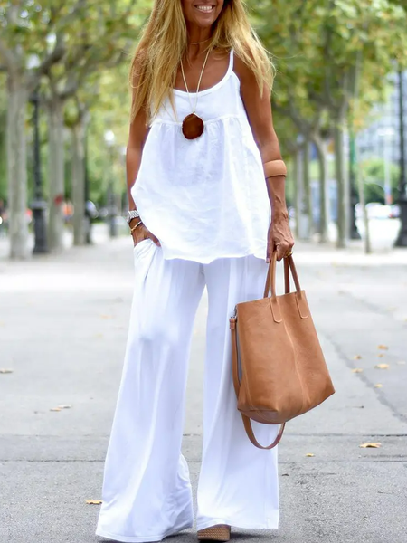 

Basic Outfits Plain Suits Sleeveless Flowy Tank Top and Pockets Wid Leg Pants Cotton Two-Piece Sets, White, Suits