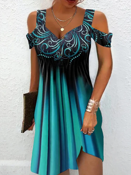 

V Neck Buttoned Boho Regular Fit Dress, Black-green, Dresses