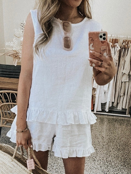 

Buttoned Cotton And Linen Plain Linen Two-Piece Set, White, Tops