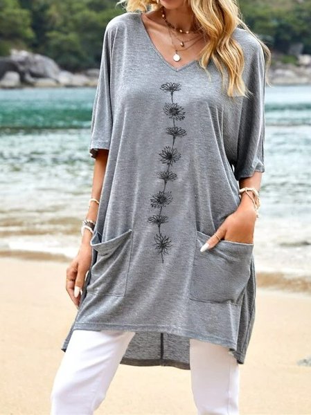 

Floral Casual Loose V Neck Summer T-Shirt, Gray, T-Shirts