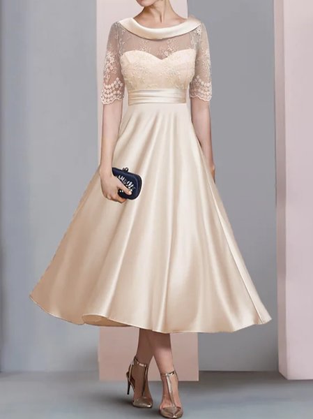 

Mother of the groom/bride Boat Neck Satin Lace Elegant Dress, Apricot, Formal Dresses
