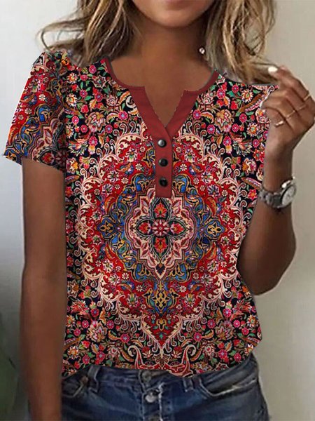 

Knitted Casual Loose Notched Ethnic Design Summer T-Shirt, Red, T-Shirts