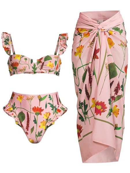 

Printing Vacation Floral Scoop Neck Bikini With Cover Up, Pink, Bikini Sets