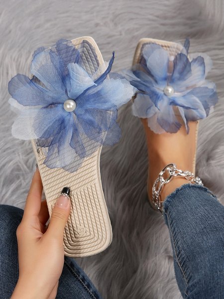 

Floral Faux Pearl Decor Waterproof Beach Slippers, Blue, Sandals