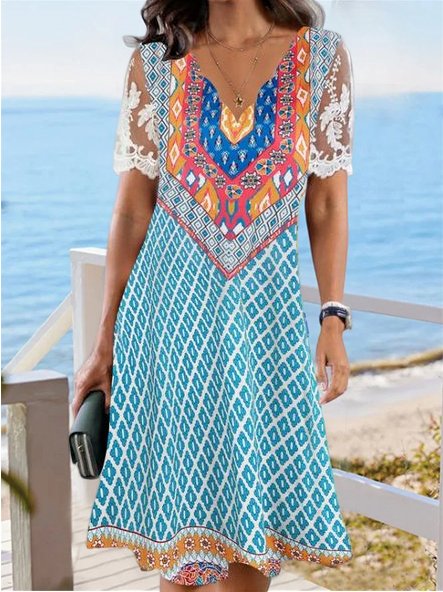 

V Neck Lace Boho Regular Fit Dress, Blue, Dresses