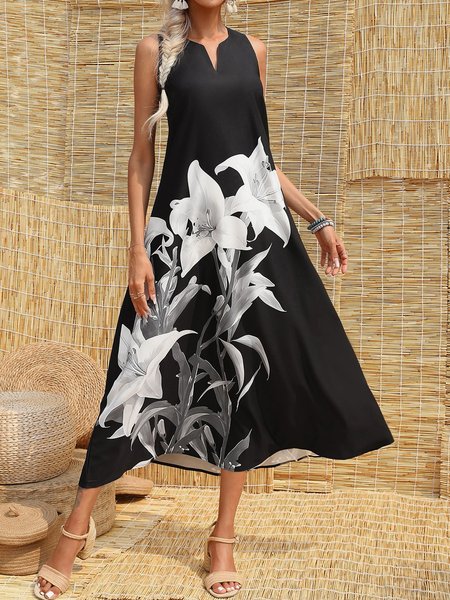 Notched Floral Loose Casual Dress, Black, Dresses
