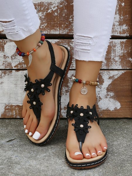 

Applique & Faux Pearl Decor Slip On Thong Sandals, Black, Sandals