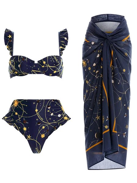Vacation Abstract Printing Notched Bikini With Cover Up, Blue, Bikini Sets