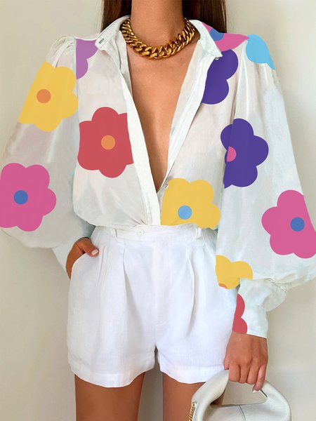 

Vacation Shirt Collar Loose Floral Blouse, Multicolor, Blouses and Shirts