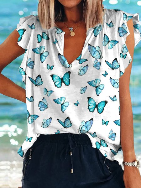 

Women's Butterfly Print V Neck Casual T-Shirt, Blue, T-shirts
