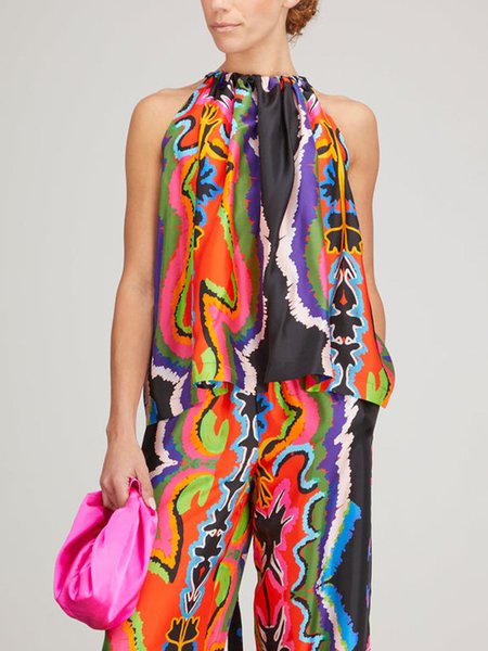 

Random Print Vacation Loose Sleeveless Shirt, Multicolor, Blouses and Shirts