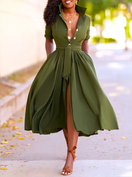 

Plus Size Plain Elegant Shirt Collar Midi Dress, Green, Plus Dresses