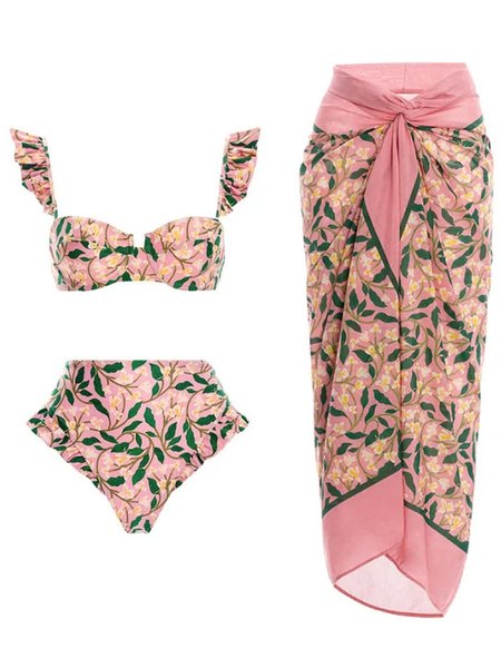 

Vacation Floral Printing Notched Bikini With Cover Up, Pink, Bikini Sets
