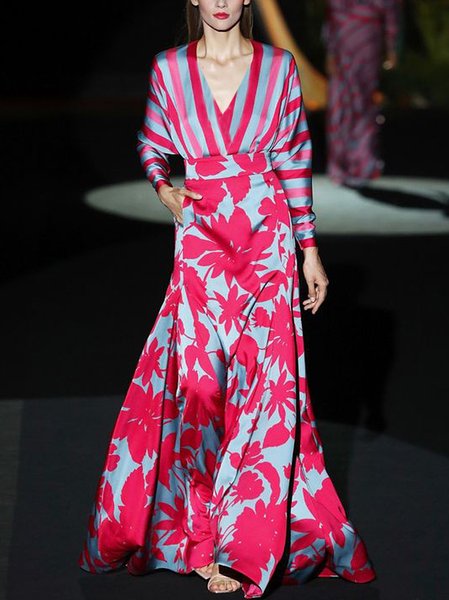 

Regular Fit Vacation Floral V Neck Dress, As picture, Maxi Dresses