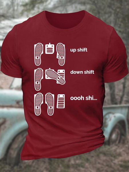 

Men’s Up Shift Down Shift Oooh Shi Casual Text Letters Crew Neck Cotton T-Shirt, Red, T-shirts